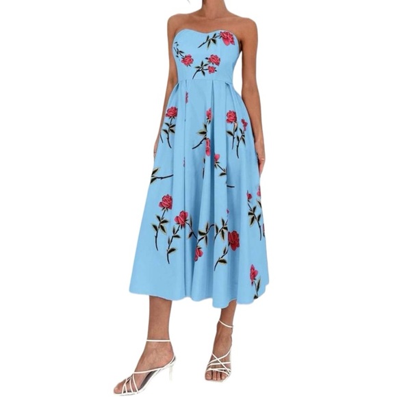 Blue Floral Strapless Dress - Picture 1 of 11